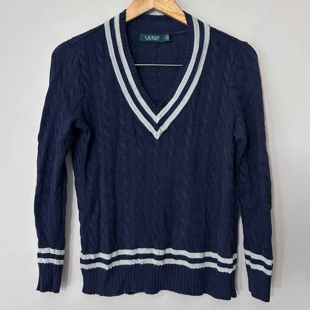 Lauren Ralph Lauren Sweater Womens Medium Navy Cable Knit V-Neck Varsity Preppy